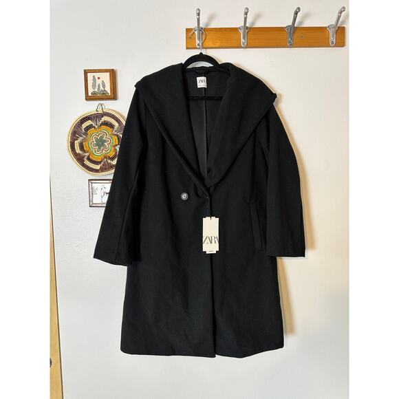 NWT Zara Women’s Sz M Black Long Pea Coat With Hood Double Breasted Wide Collar - Picture 1 of 5